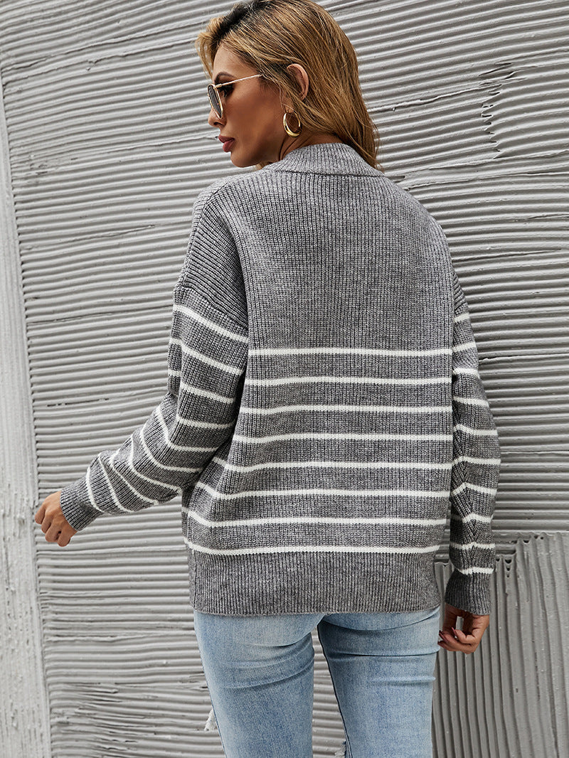 ShoptheCIC Striped Colorblock High Neck Zip Sweater