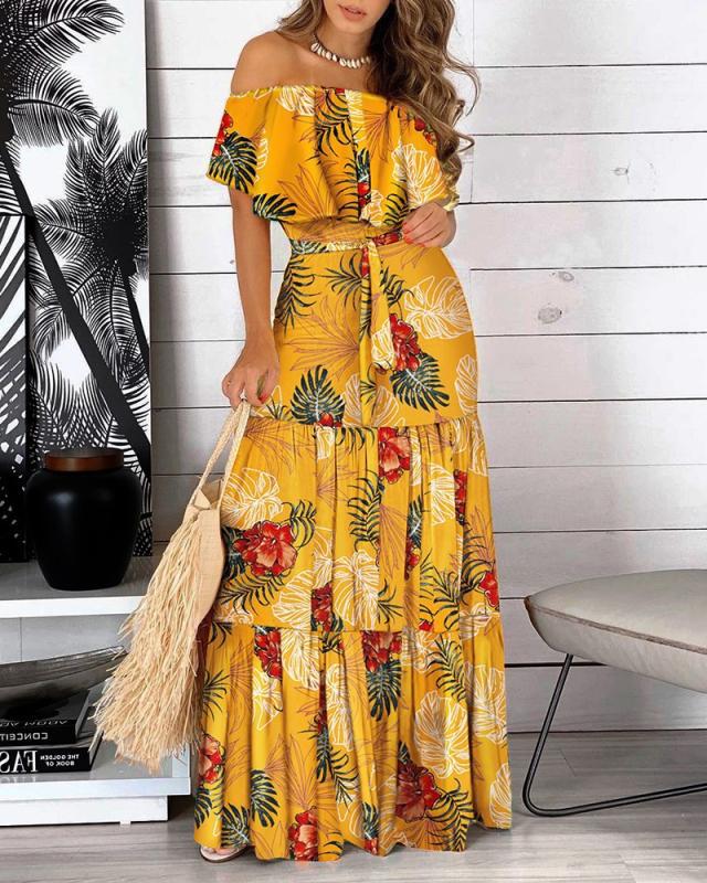 Floral Print Off Shoulder Top & Tiered Maxi Skirt Set