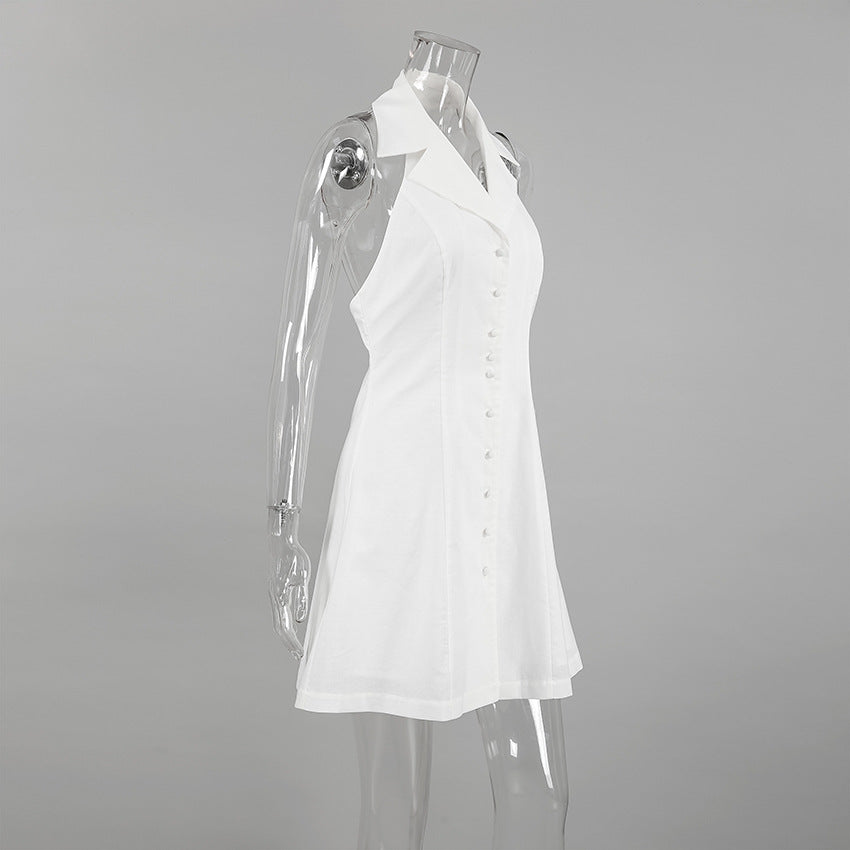 Linen Notch-Lapel Halter Button-Front Mini Dress 6