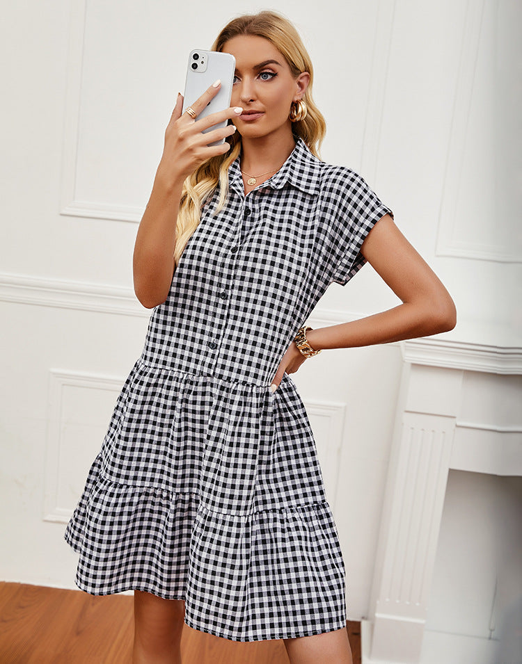 Gingham Collared Short Sleeve Tiered Mini Dress