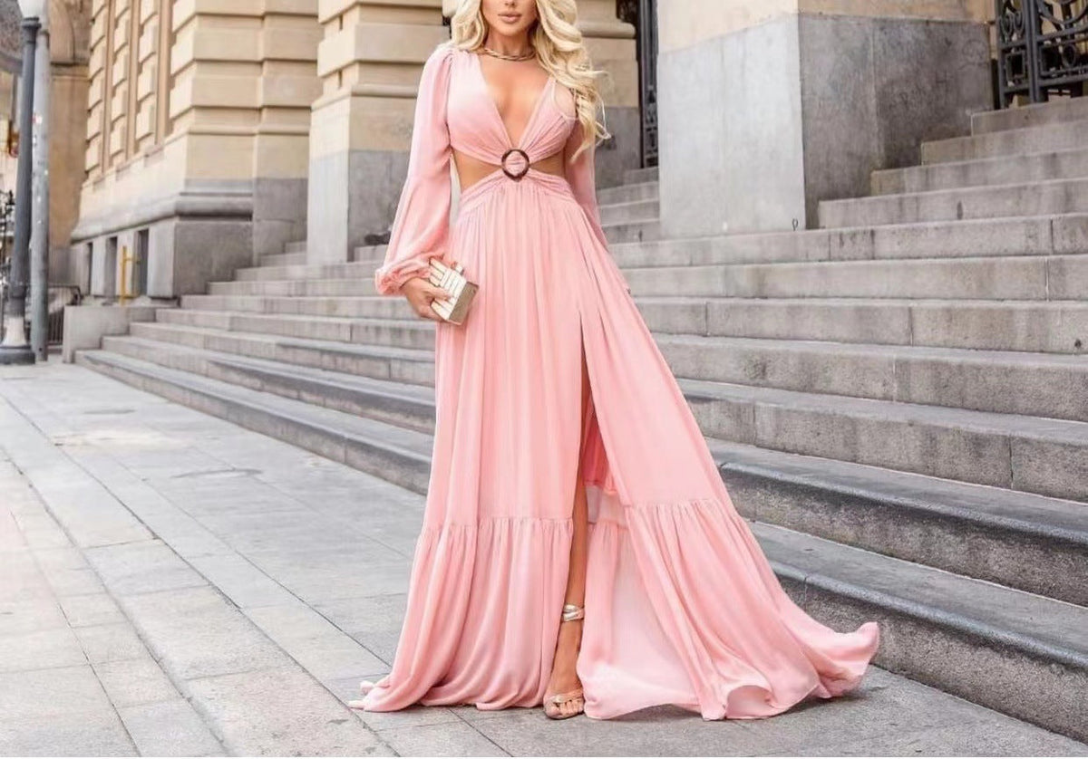Chiffon V-Neck Long Sleeve Cutout Maxi Gown