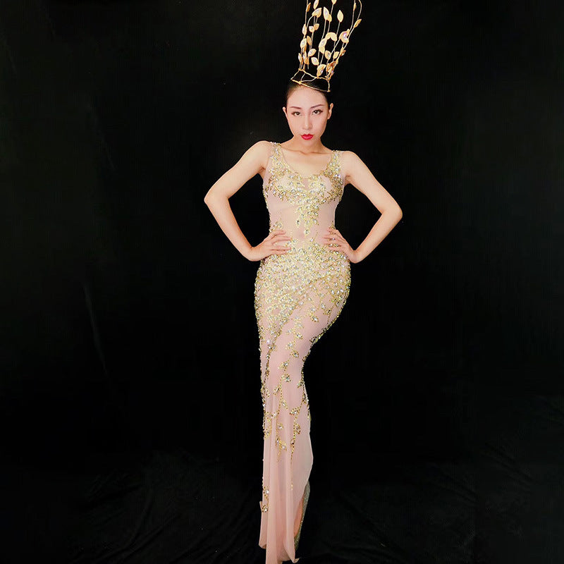 Sequin Beaded Crew Neck Sleeveless Mermaid Maxi Gown - View 2