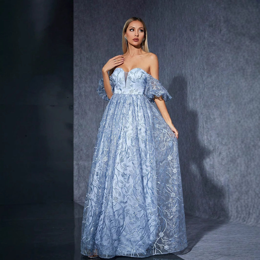 Off Shoulder Mesh Embroidered Evening Dress Ball Cocktail Niche Dress - Fashionpara