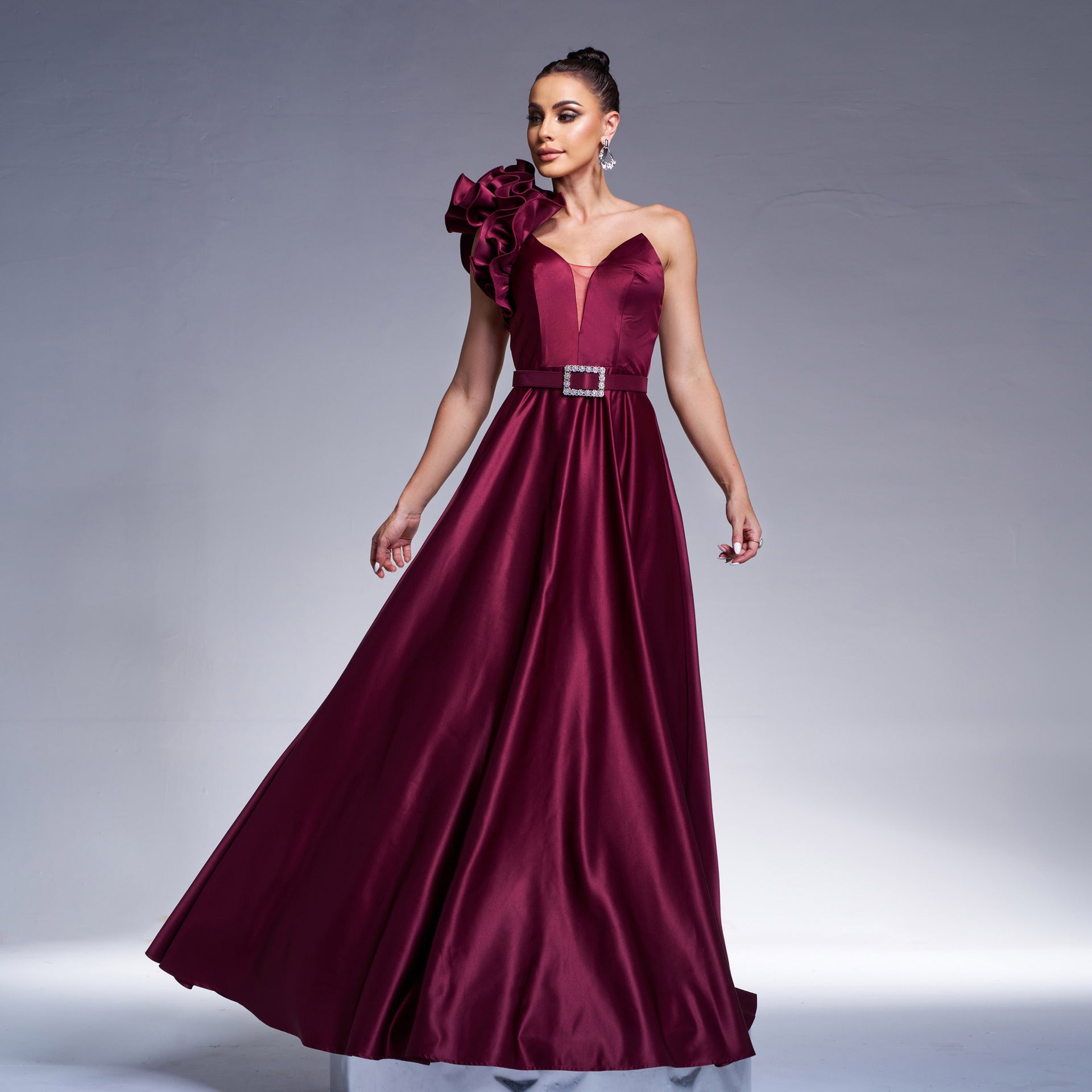 Elegant One Shoulder Diagonal Collar Cocktail Waist Controlled Large Hem Evening Dress Bridesmaid Dress - Fashionpara