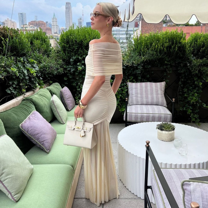 Off Shoulder Ruched Mesh Bodice Wrap Hip Pleated Mesh Maxi Gown - View 2