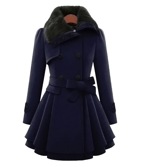Faux Fur Collar Double Breasted Belted Skirted Coat 5