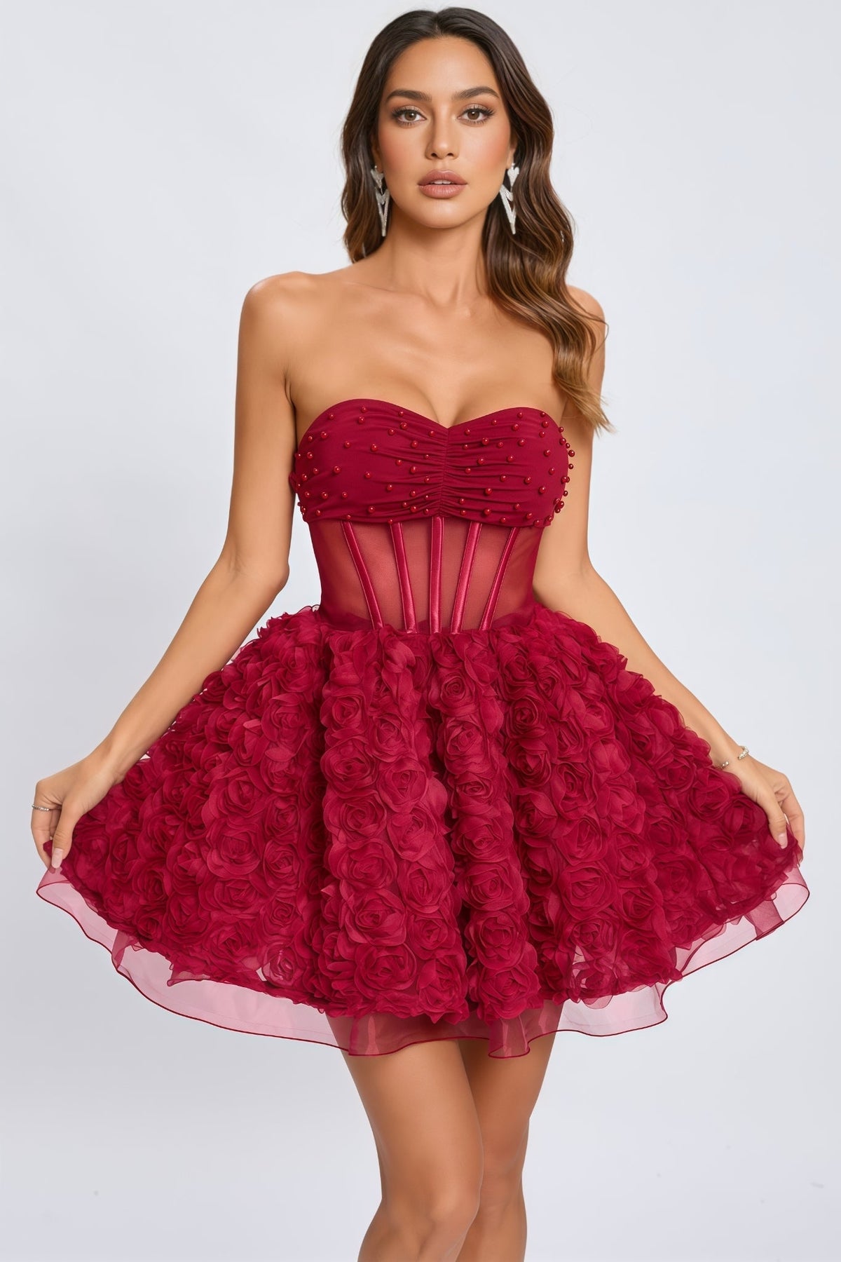 Beaded Strapless Corset 3D Rose Tulle Mini Dress - View 3