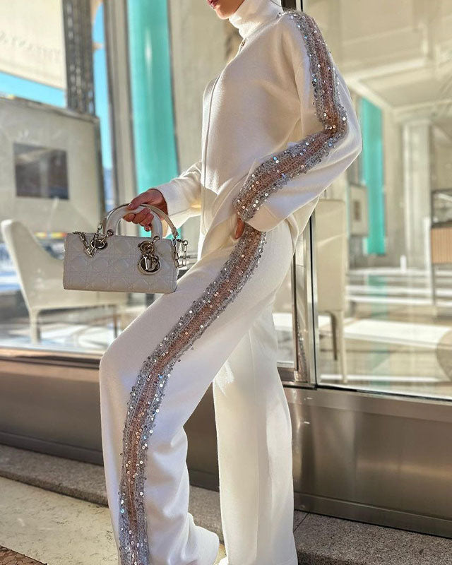 Sequined Turtleneck Long Sleeve Coat Set for Stylish Layers