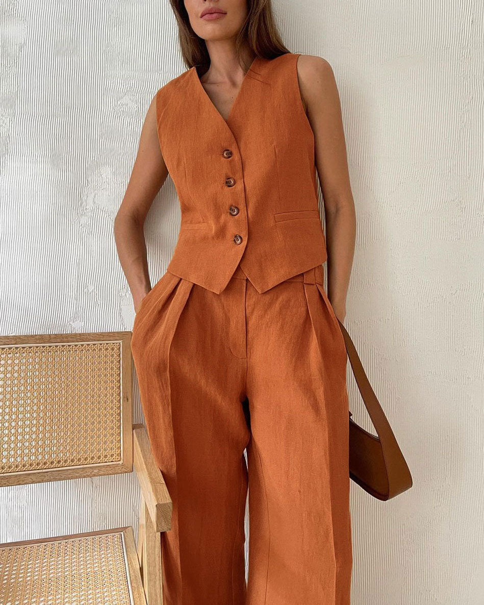 Linen Sleeveless Vest and Low-Rise Pants Set for Comfort