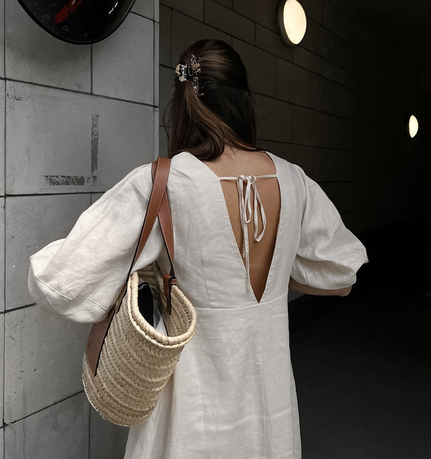 Linen V-Neck Button-Front Puff-Sleeve Midi Dress 7