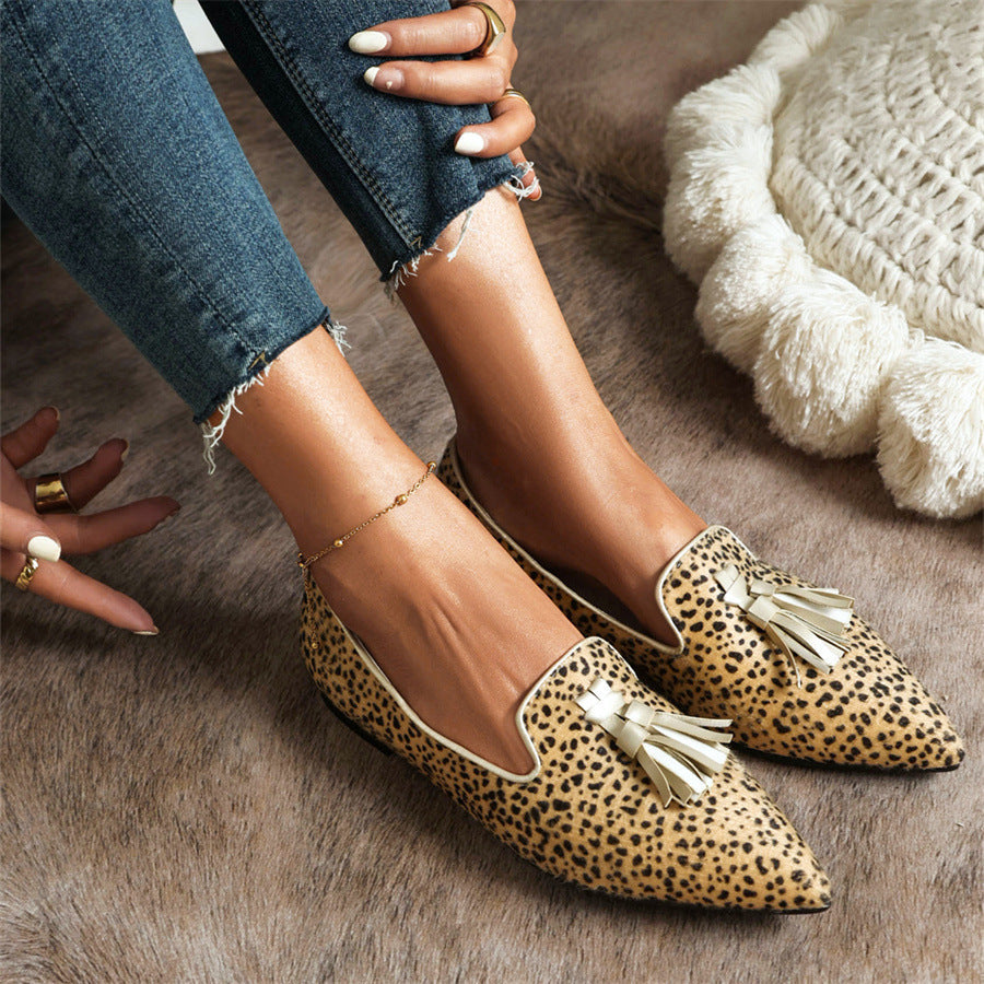 Pointed-toe Fringe Leopard Contrast Mules - Fashionpara