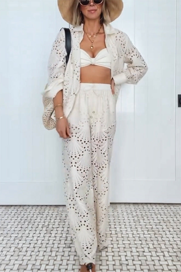 Hollow long-sleeved single-breasted shirt and trousers loose vacation two-piece suit