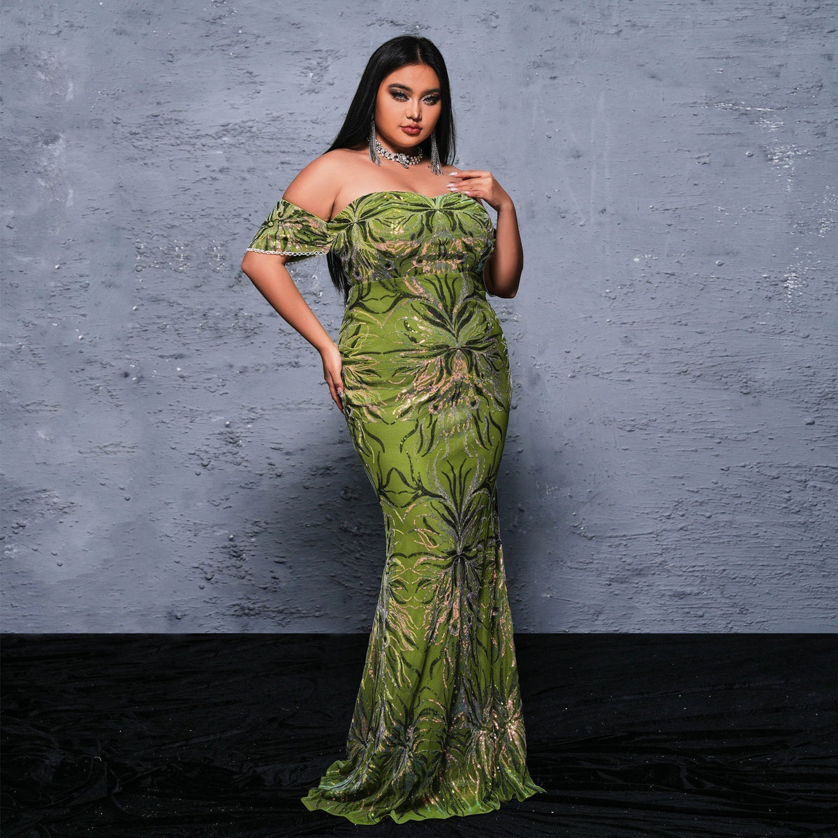 Sequin Off Shoulder Short Sleeve Mermaid Maxi Gown - View 2