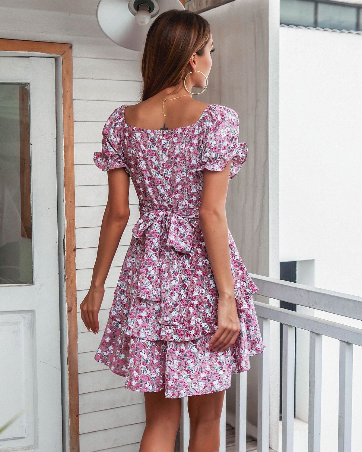 Floral Print Sweetheart Puff Sleeve Tiered Mini Dress