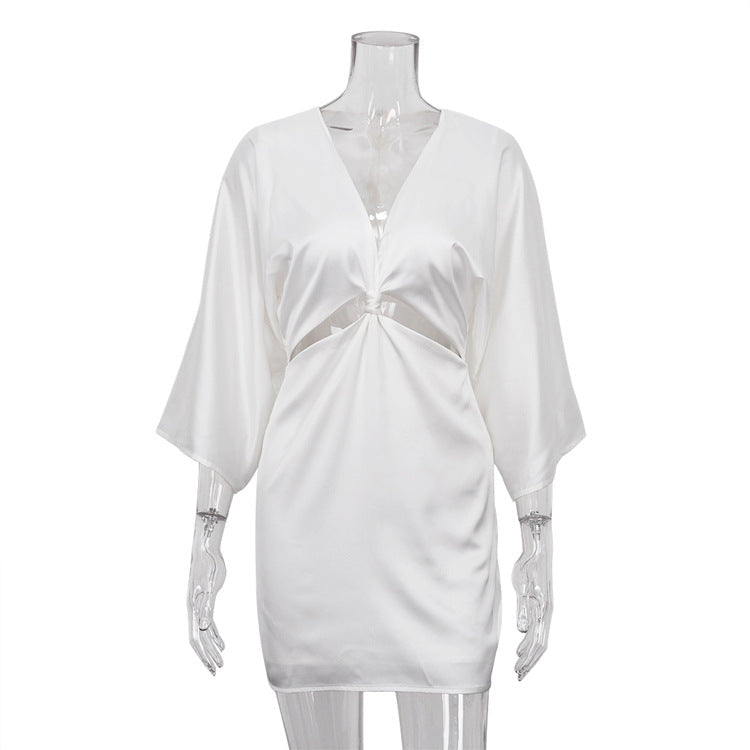 Satin Deep V-Neck Twist Front Cut Out Flare Sleeve Mini Dress - View 2