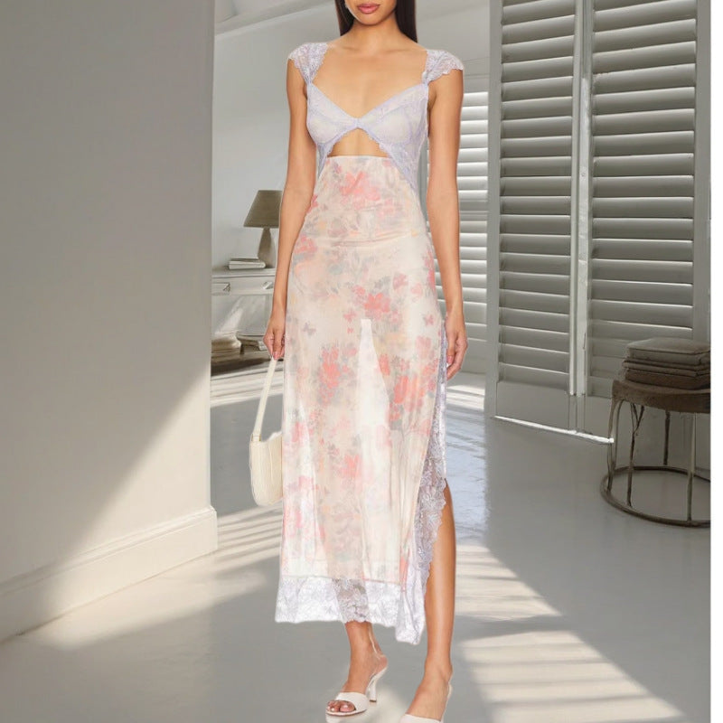 Lace Bodice Sweetheart Cut Out Cap Sleeve High Split Midi Dress