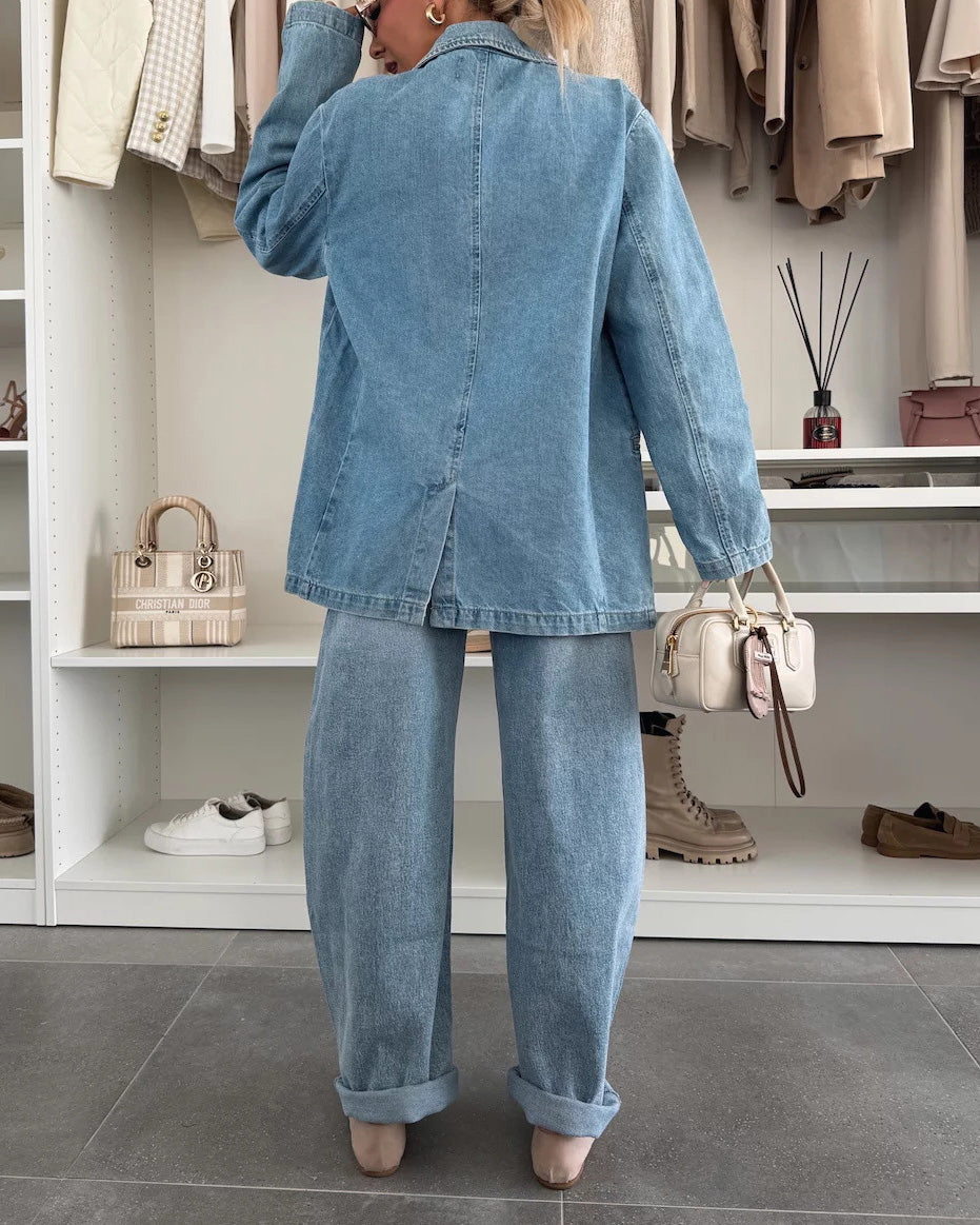 Stylish Loose Fit Washed Blue Denim Suit Jacket for All Occasions