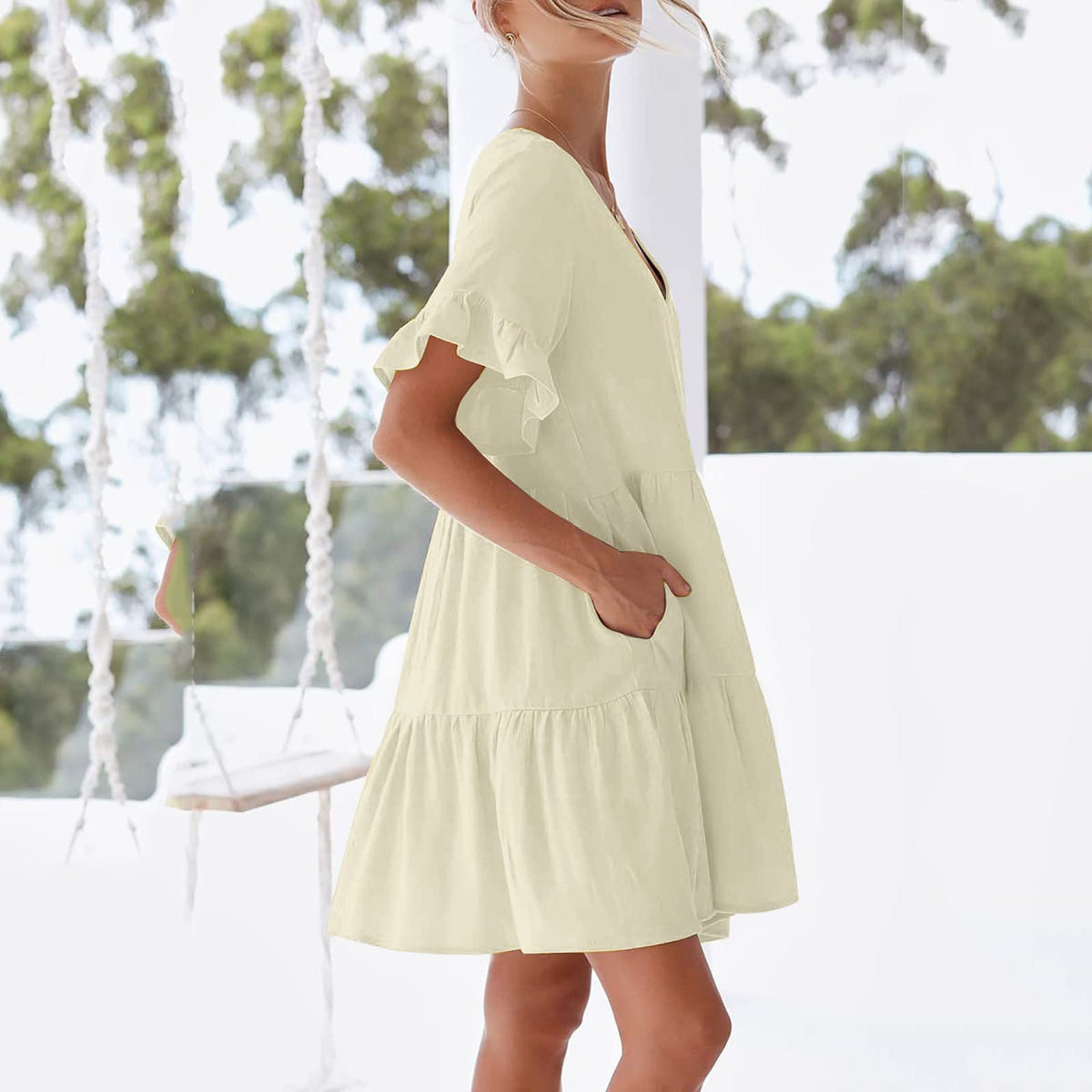 V-Neck Short Sleeve Tiered Shift Mini Dress 3