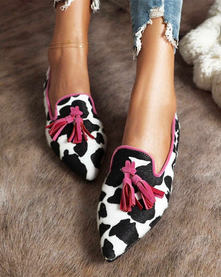 Pointed-toe Fringe Leopard Contrast Mules - Fashionpara