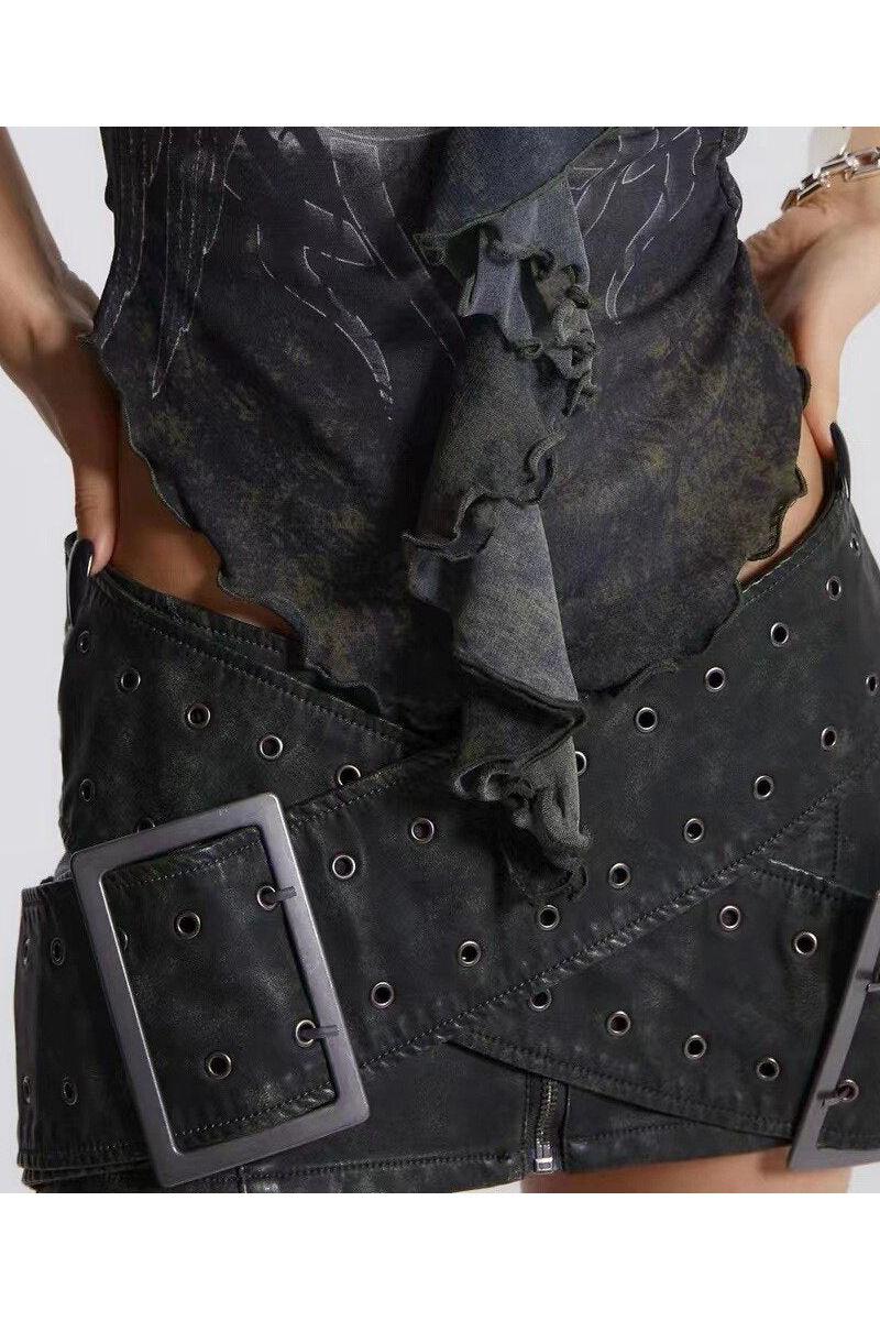 Washed old PU leather double-breasted skirt