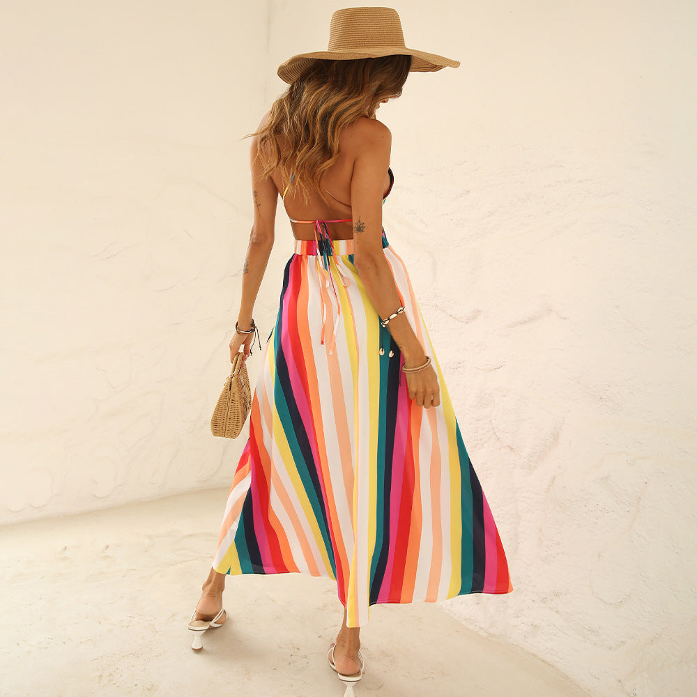 Striped Deep V Halter Neck High Slit Maxi Dress 3