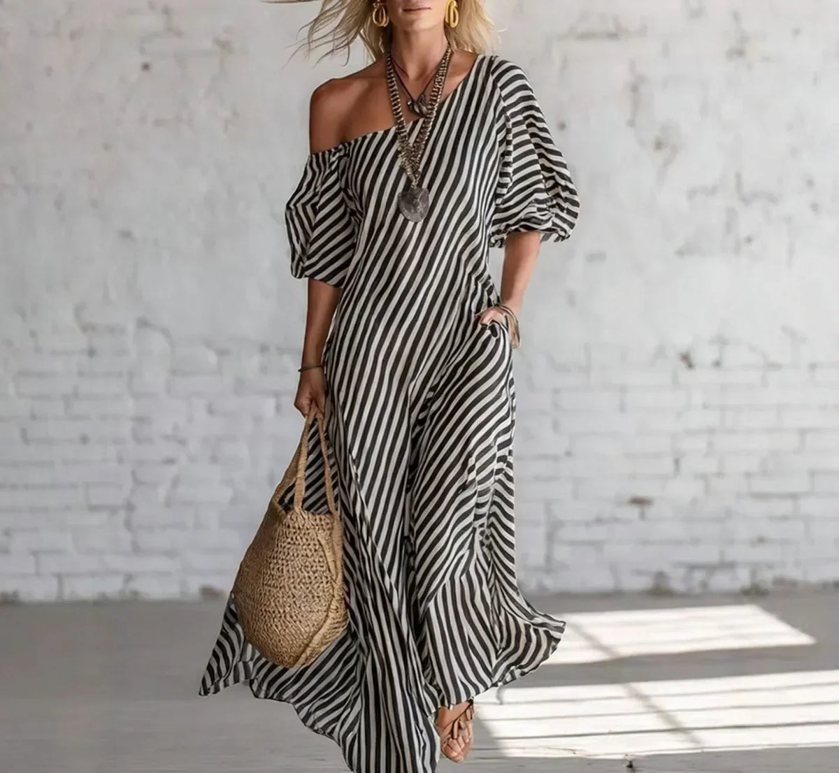 Striped One Shoulder Puff Sleeve Maxi Dress 6