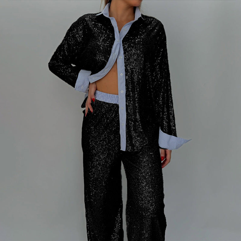 Sequined Two-Piece Suit Jacket and Wide-Leg Pants Set