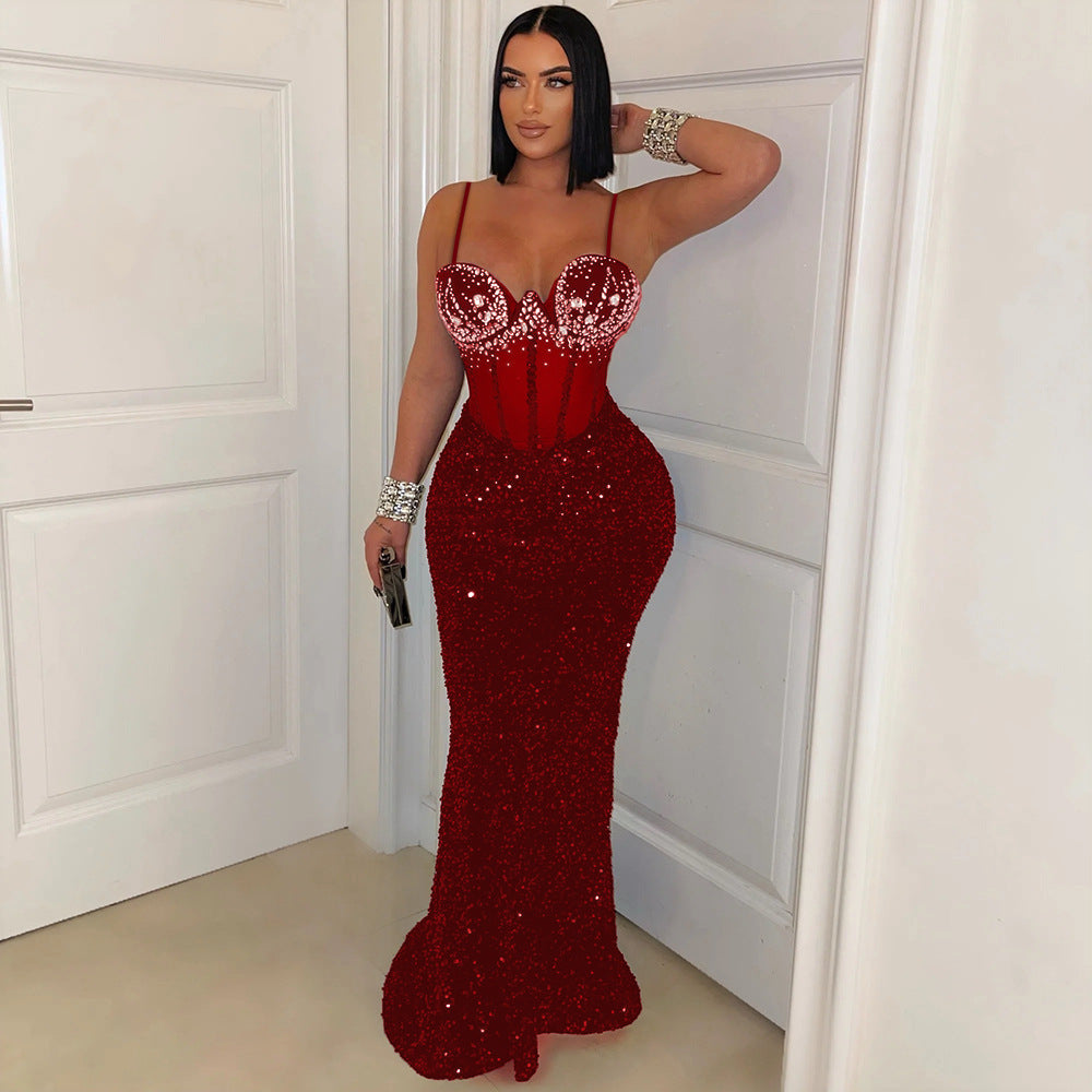 Spaghetti Strap Crystal Corset Sequin Mermaid Maxi Gown - View 2