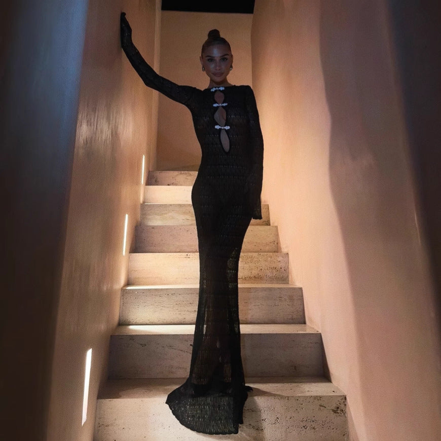 Hollow Out Cutout out Split Dress Beach Cover up Bohemian Dress Long Mopping Backless Fishtail Evening Dress - Fashionpara