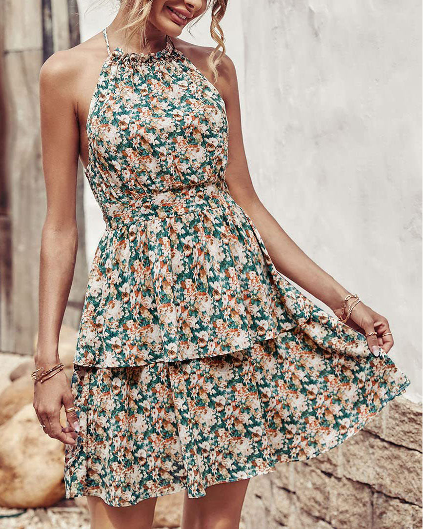 Halter Neck Backless Floral Sleeveless Dress