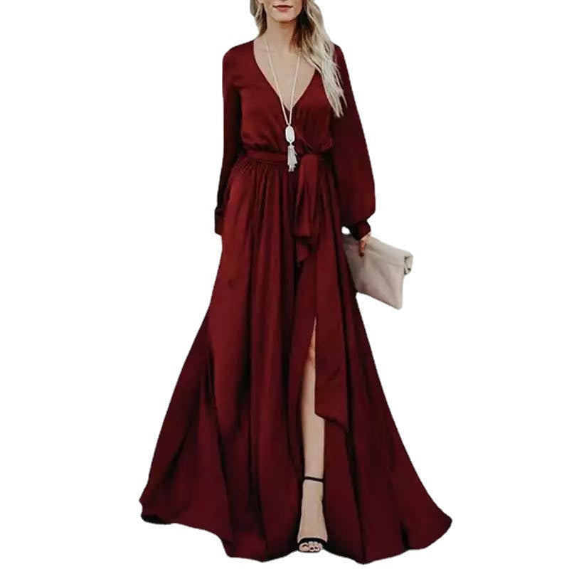 Satin Deep V Neck Long Sleeve Belted High Split Maxi Dress