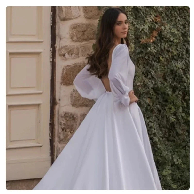 Satin Chiffon Sleeve Backless Wedding Dress