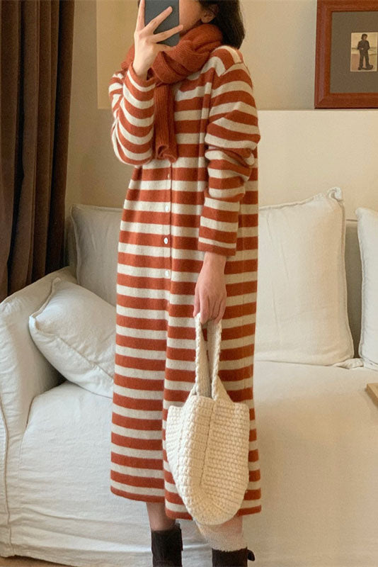 RadyRin V-Neck Striped Knitted Cardigan Dress for Elegance