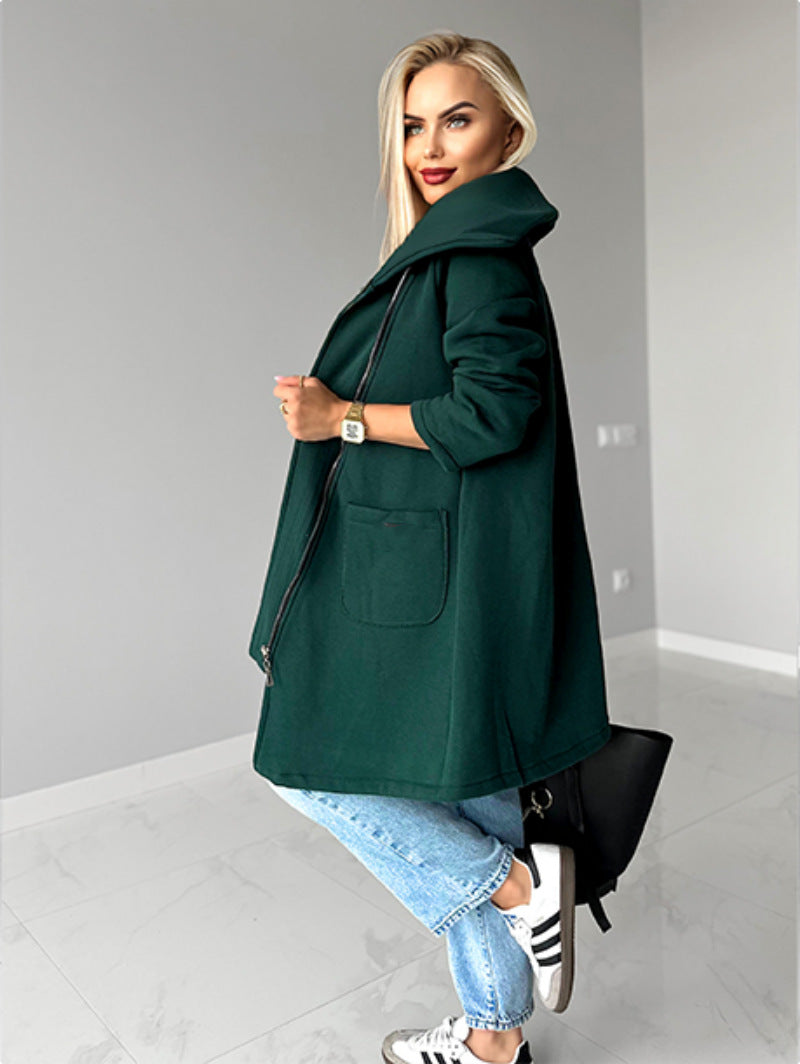 Lapel Mid-Length Fleece Jacket with Oblique Zipper Design