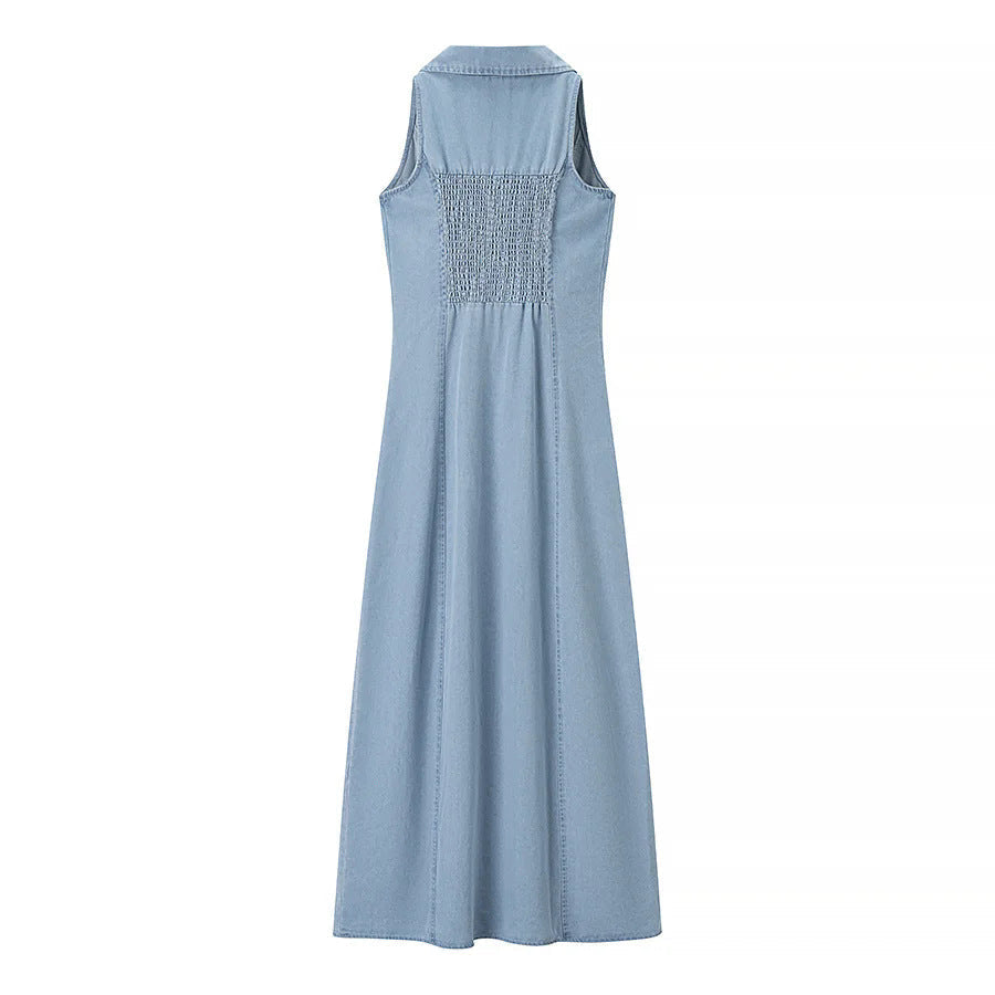 Deep V-Neck Sleeveless Button Down High Split Denim Maxi Dress 4