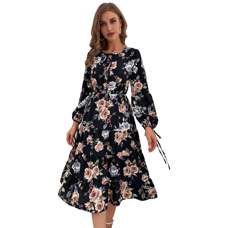 Floral Print Round Neck Long Sleeve Tiered Fit & Flare Midi Dress