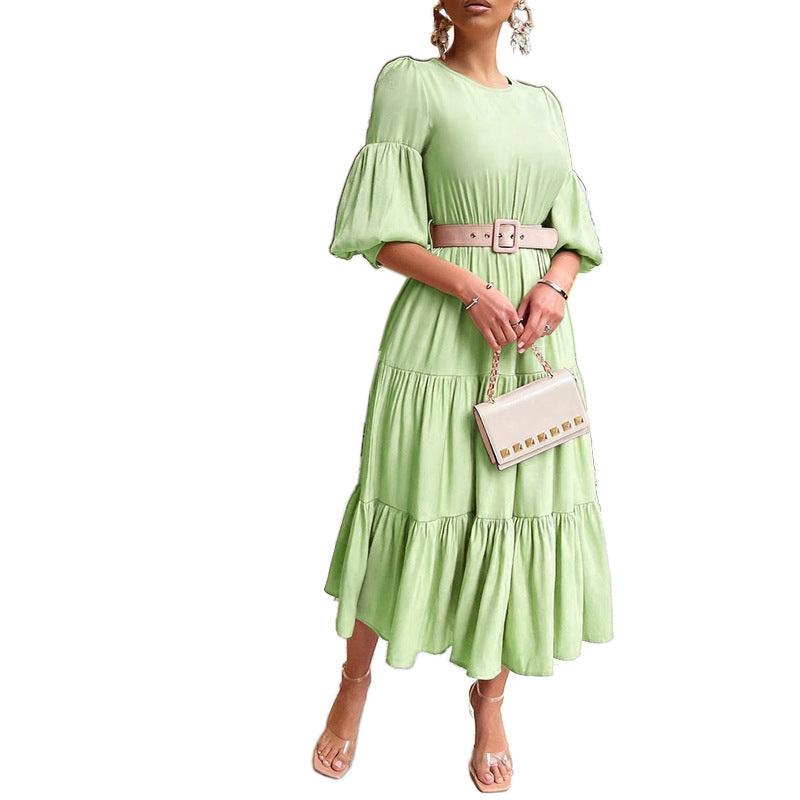 Round Neck Puff Sleeve Belted Tiered Midi Dress