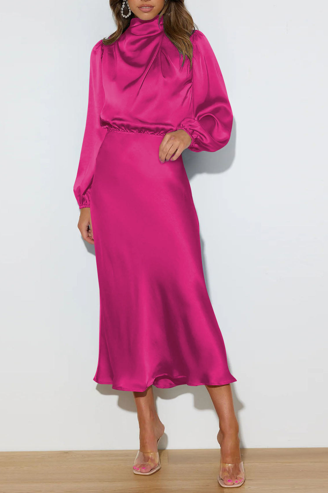 Chic Satin Long Sleeve Midi High Neck Dress - Fashionpara