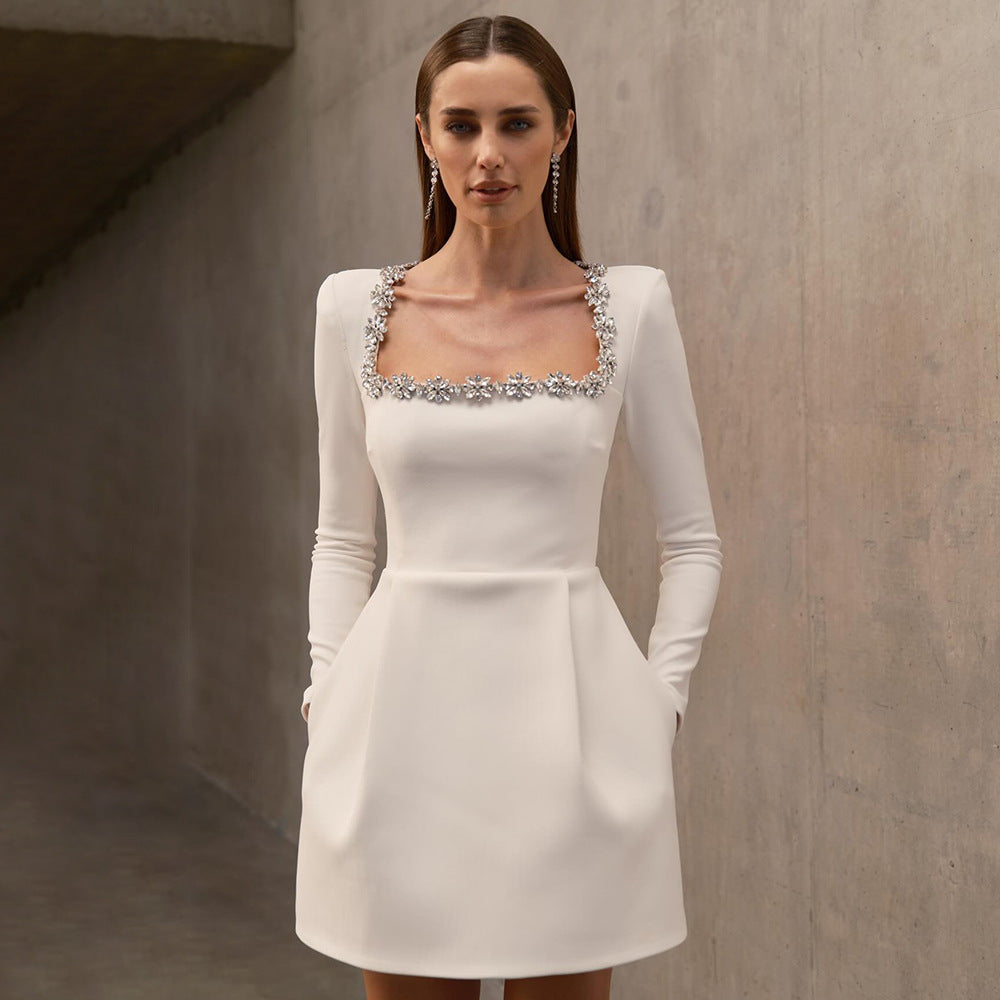 Rhinestone Square Neck Long Sleeve Structured A-Line Mini Dress