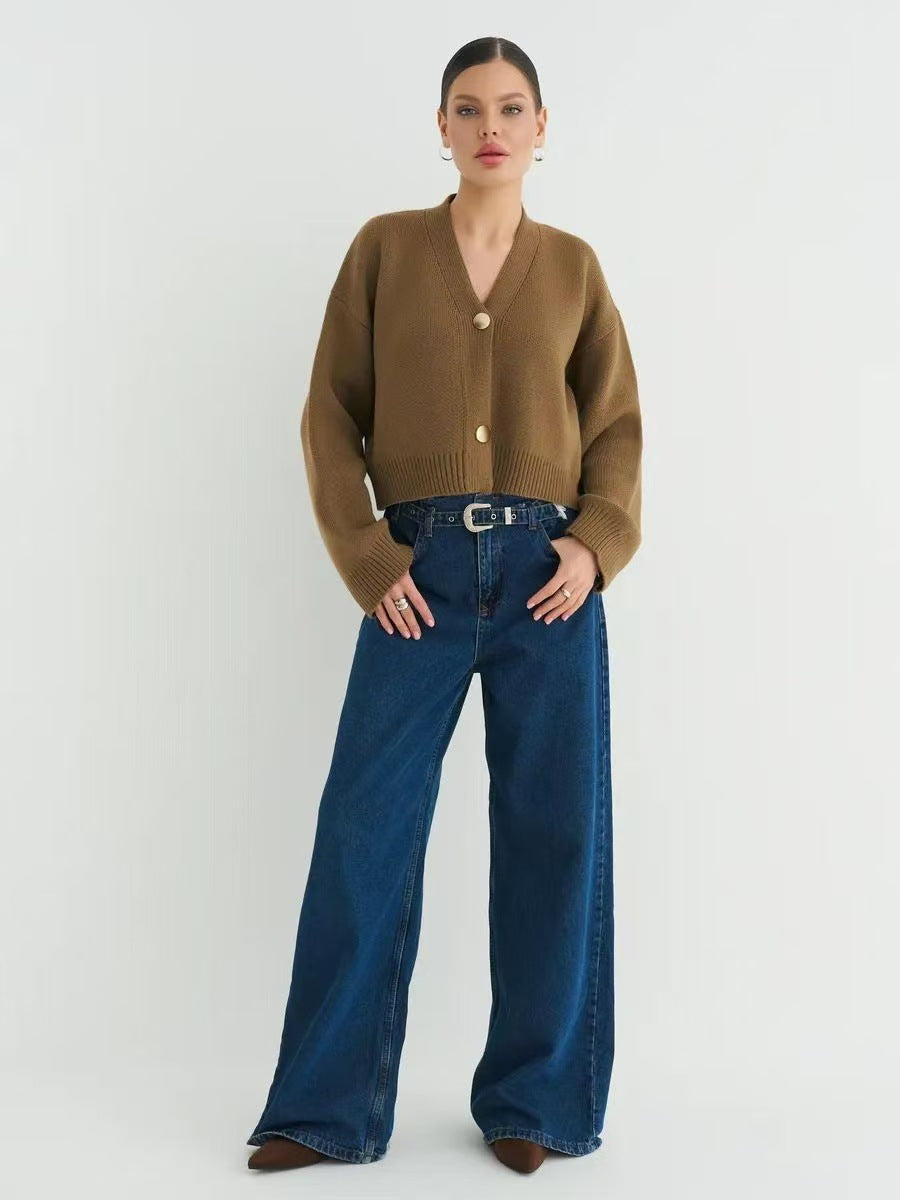 Chic Solid Color V-Neck Loose Knit Cardigan for All Seasons - Fashionpara