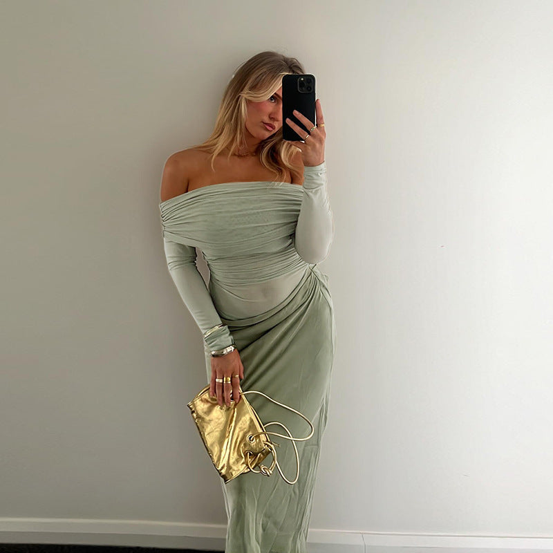 Off-Shoulder Long-Sleeve Ruched Draped Maxi Dress 3