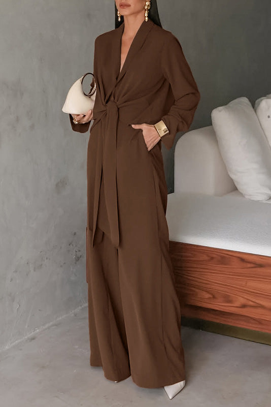 Chic Long-Sleeved V-Neck Tie Top and Wide-Leg Pants Set