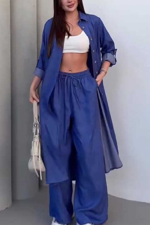 Sophisticated Single-Breasted Coat with Wide-Leg Pants Set