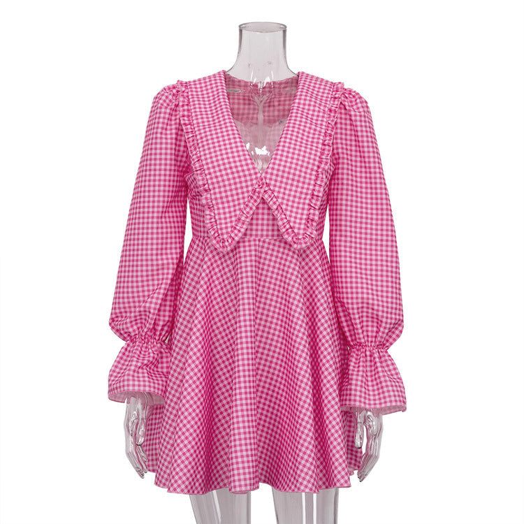 Pink Plaid Doll Collar Long Sleeve Dress GracefulA line Dress - Fashionpara