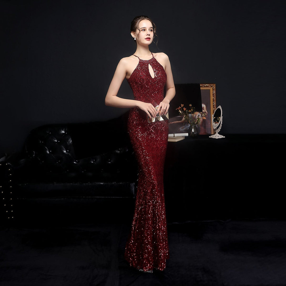 Halter Neck Keyhole Beaded Sequin Mermaid Gown - View 4