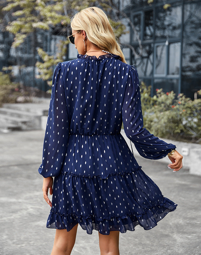 Foulard Print V-Neck Long Sleeve Tiered Ruffle Mini Dress