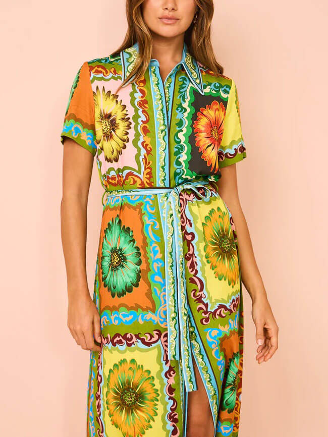 Floral Collared Short Sleeve Belted Shirt Maxi Dress 2