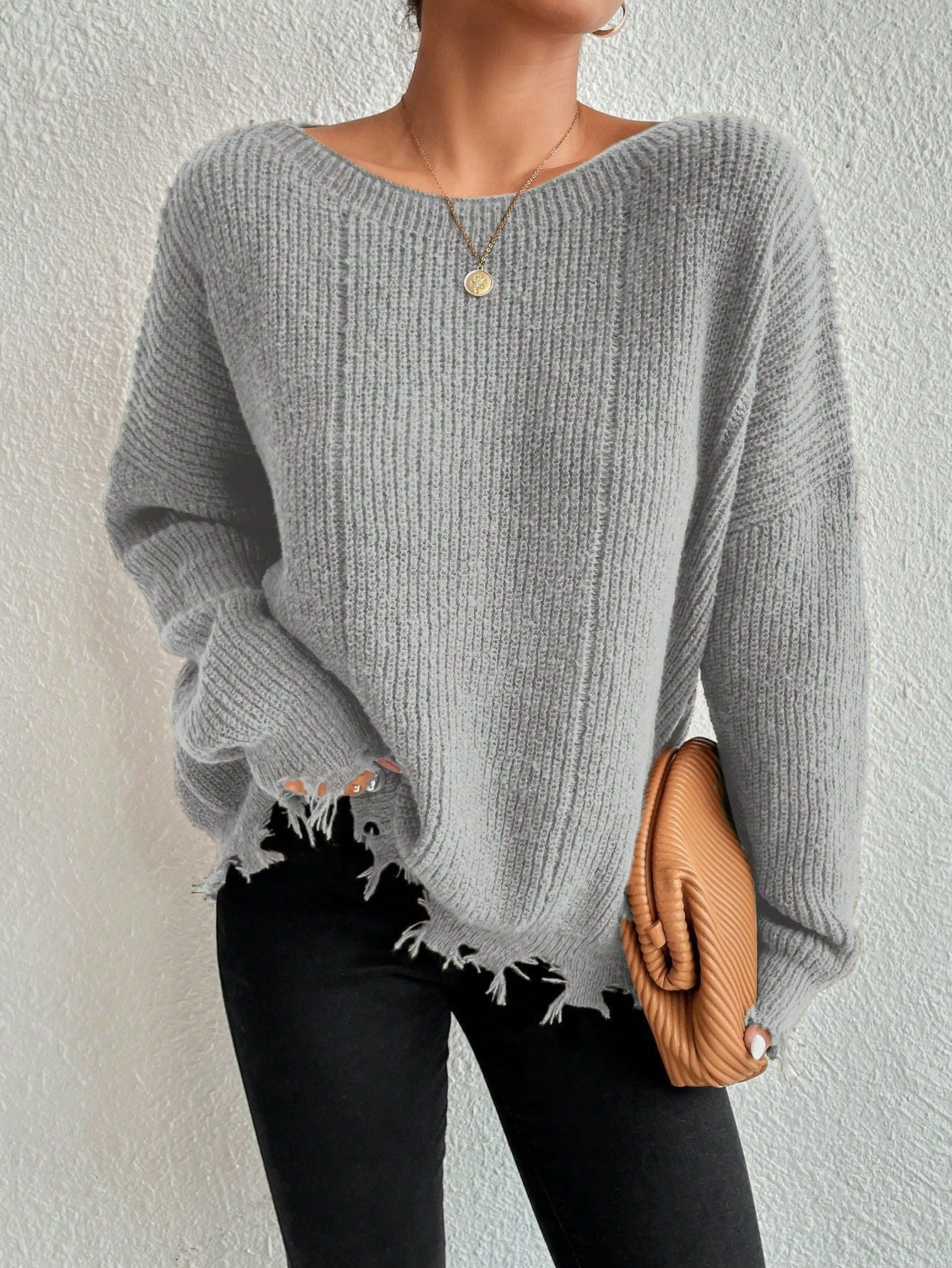 ShoptheCIC Loose Knit Ripped Design Round Neck Sweater