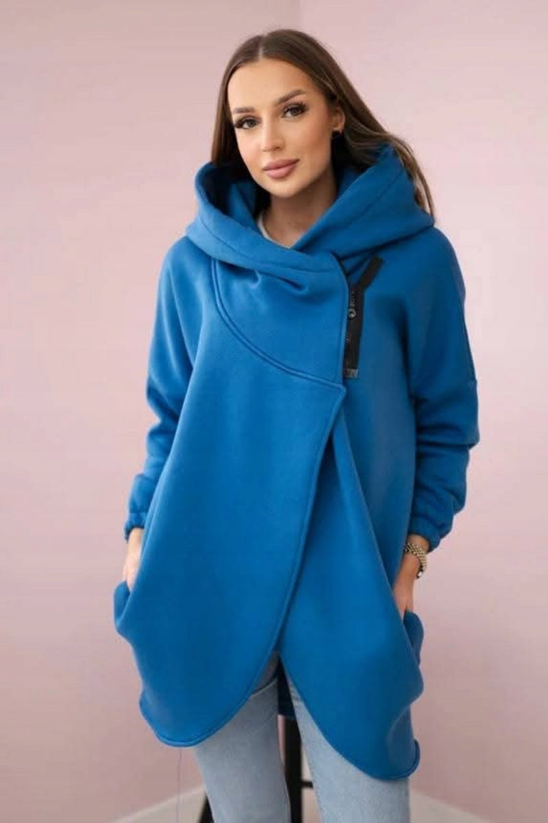 Chic Asymmetric Zip-Up Hooded Fleece Sweatshirt Coat