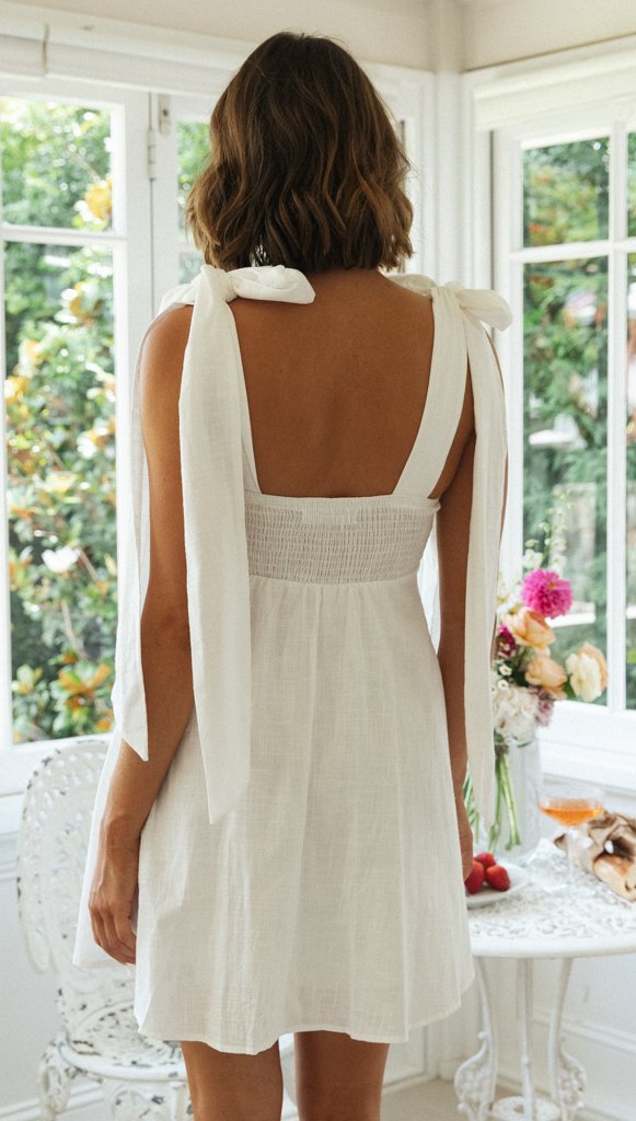 Kamila Cotton Linen Tie Strap Babydoll Dress - White - Fashionpara